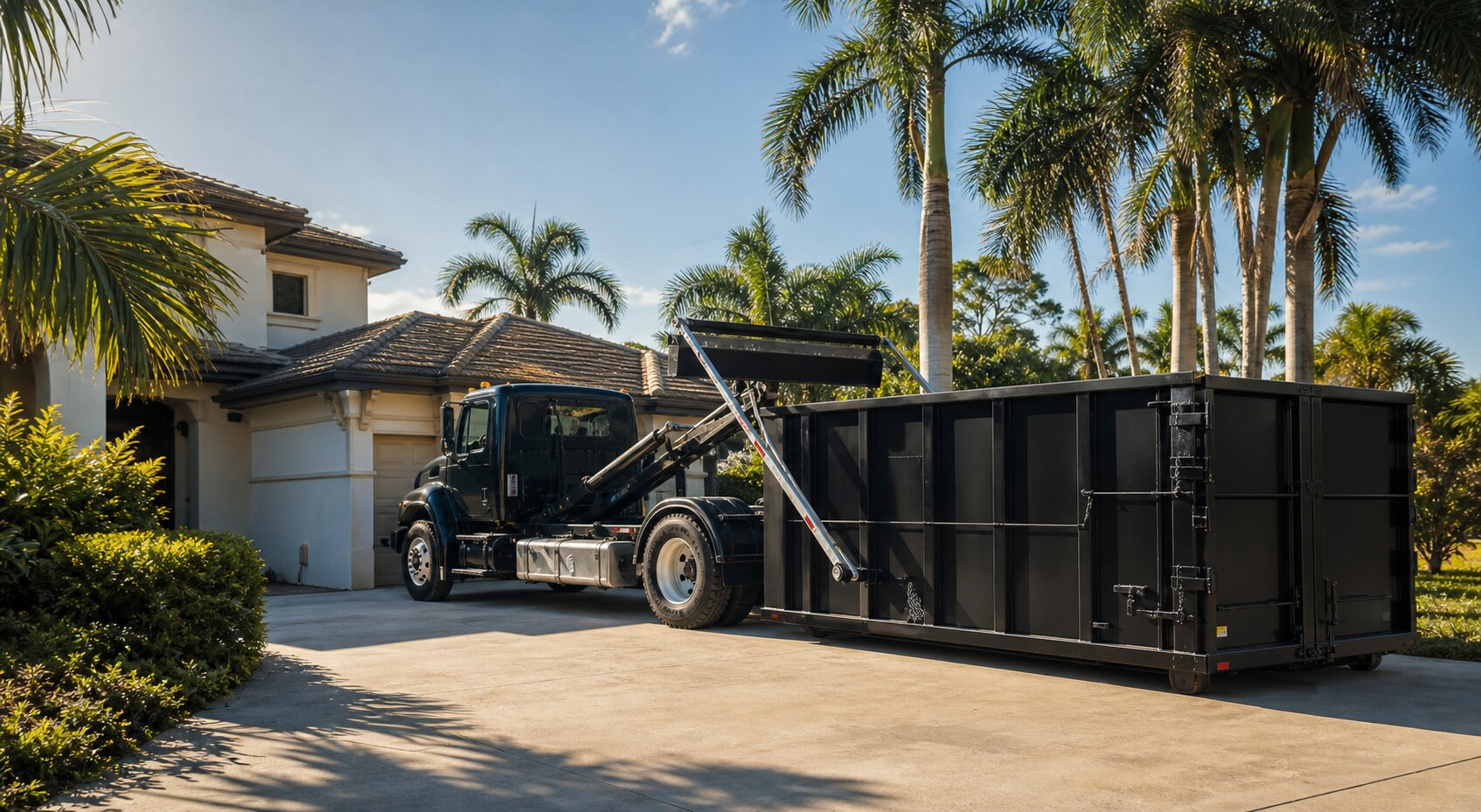 Illustration of a black roll-off dumpster and hook-lift truck on a Florida driveway