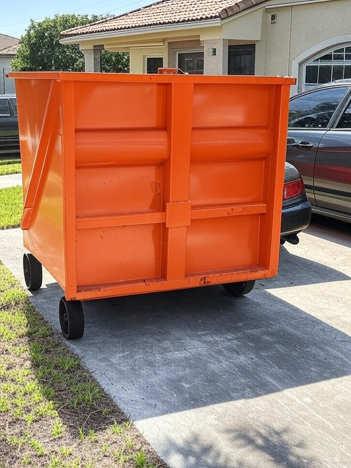 Orange dumpster fitting in narrow residential driveway